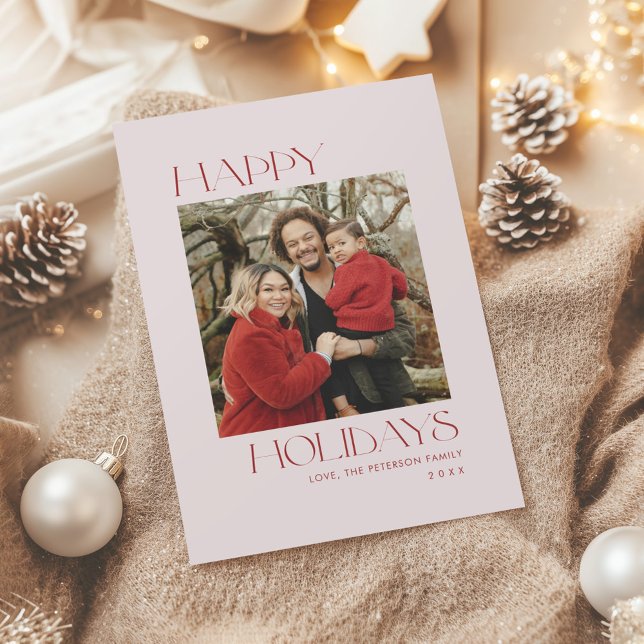 Cartão De Festividades Foto Vermelho e Rosa Empoeirado Feliz Férias (Criador carregado)