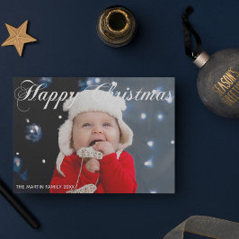 Cartão De Festividades Foto White Cursiva da Família Feliz de Natal