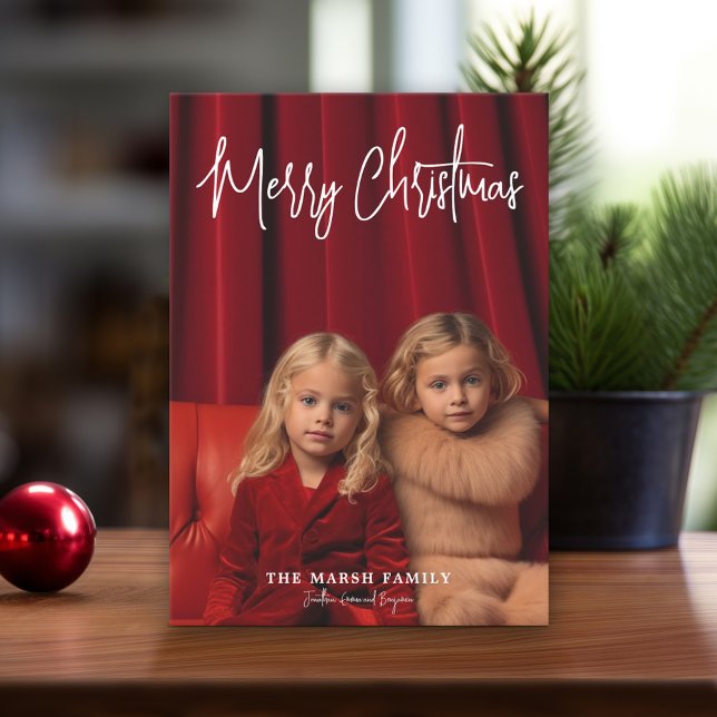 Cartão De Festividades Foto - Xadrez Vermelha Feliz Natal, manuscrita (Modern Christmas Card with Photos)