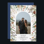 Cartão De Festividades Fotoarco de cor aquática floral botânico do Natal<br><div class="desc">Mery Christmas — moderno elegante e elegante aquarela seca botânica com cores mudas cor mudas cor de Natal arca 1 foto Cartão de Natal. Marinho azul-backer.</div>