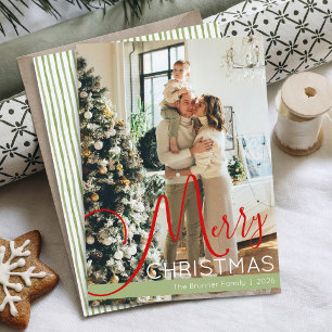 Cartão De Festividades Fotografia com Listras Vermelhas e Verdes de Natal