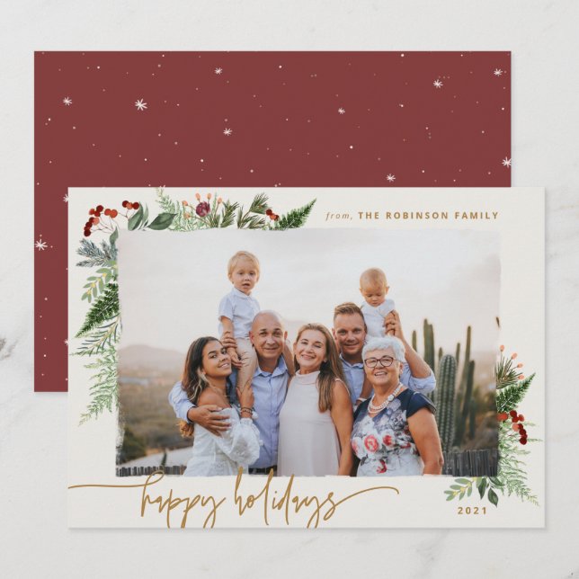 Cartão De Festividades Fotografia de Bege de Borgonha com Vegetação Rústi (Frente/Verso)