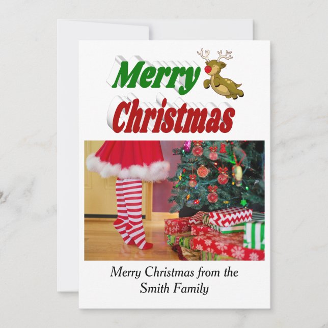 Cartão De Festividades Fotografia de Merry Christmas Flying Reindeer (Frente)