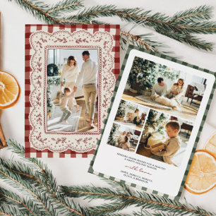 Cartão De Festividades Fotografia de Natal da Família em Gingham com Rend