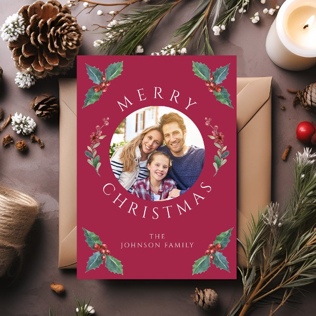 Cartão De Festividades Fotografia de Natal de Botânicas Vermelhas de Inve (Modern Red Winter Botanicals Christmas Photo Holiday Card)