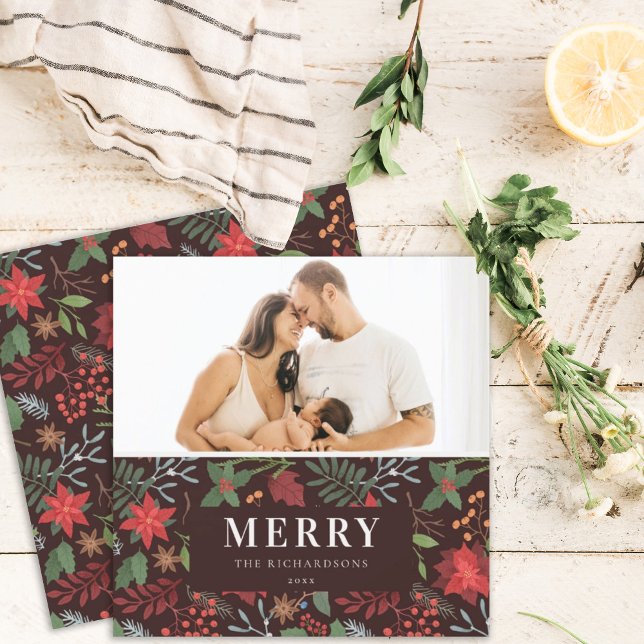 Cartão De Festividades Fotomais alegre Natal padrão floral marrom enferru (Criador carregado)