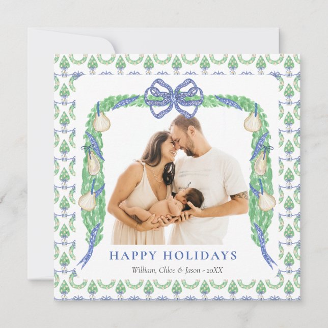 Cartão De Festividades Fotomilênio Grandioso Azul Costeiro Chinoiserie Um (Frente)