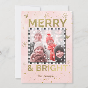 Cartão De Festividades Fotos com Doodle de Férias MERRY & BRIGHT em Ouro