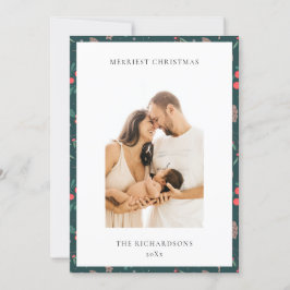 Cartão De Festividades Fotos com padrão floral verde vermelho Natalino