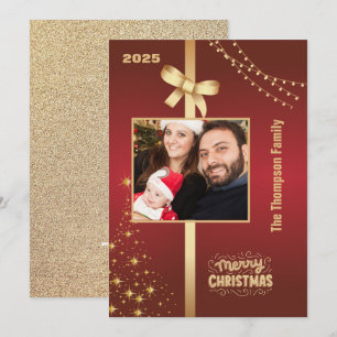 Cartão De Festividades Fotos da Família com Brilho Dourado e Vermelho no