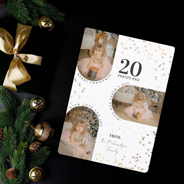 Cartão De Festividades Fotos da Família Confetti Dourada Verde Natal H (Criador carregado)