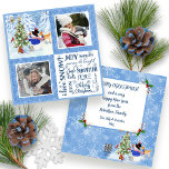 Cartão De Festividades Fotos da família de Natal da Bela Snowman Woodland<br><div class="desc">Adorável Snowman e os seus amigos animais da floresta decoram uma árvore de Natal numa floresta de neve. Um veado, coruja, coelho, ouriço e pássaro cardeal vermelho ajudam a celebrar o feriado. Texto tipográfico arte transmite muito do que nos dá alegria nesta estação. Duas fotografias familiares podem ser personalizadas junto...</div>