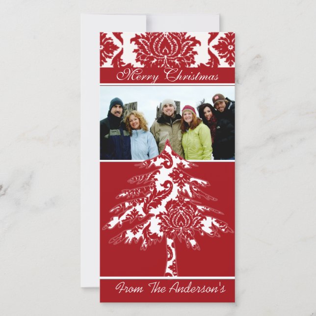 Cartão De Festividades Fotos da família Feriado do pinheiro Red & White D (Frente)