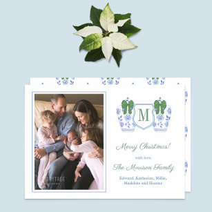 Cartão De Festividades Fotos da família Monograma Verde Blue Ginger Jars