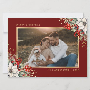 Cartão De Festividades Fotos de Bagas de Poinsettia Douradas Vermelhas de