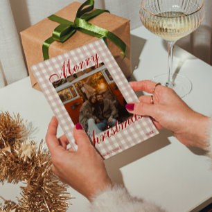 Cartão De Festividades Fotos de Família em Xadrez Vermelho Natal Antiga F
