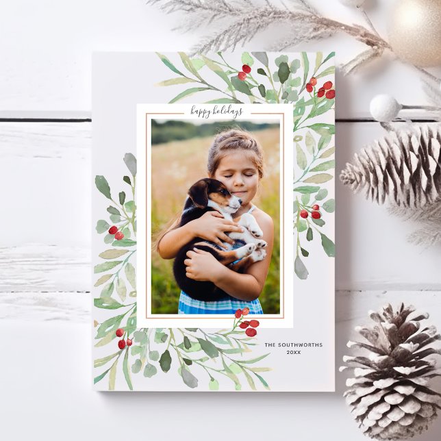 Cartão De Festividades Fotos de Férias com Folhas Verdes e Frutas Vermelh (Criador carregado)