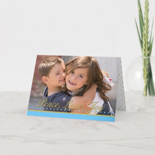 Cartão De Festividades Fotos de Férias com Pontos Dourados Paz Amor Alegr (Frente)