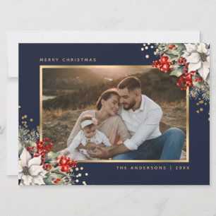 Cartão De Festividades Fotos de Frutas de Poinsettia Azul Dourado no Nata