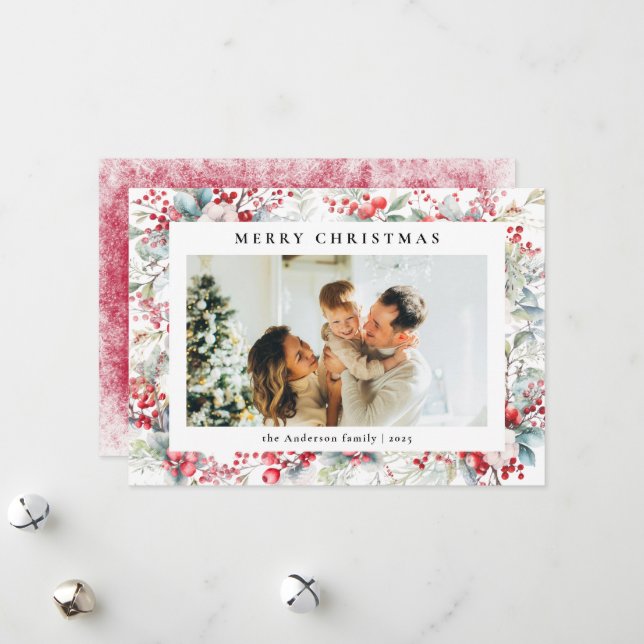 Cartão De Festividades Fotos de Natal com Bagas em Aquarela Elegante (Frente/Verso In Situ)