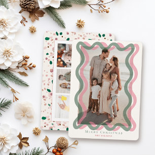 Cartão De Festividades Fotos de Natal com Moldura Ondulada Rosa e Verde