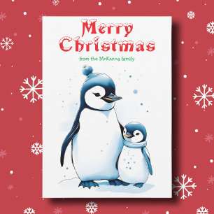 Cartão De Festividades Fotos de Natal com Pinguins em Aquarela Fofa e Esc