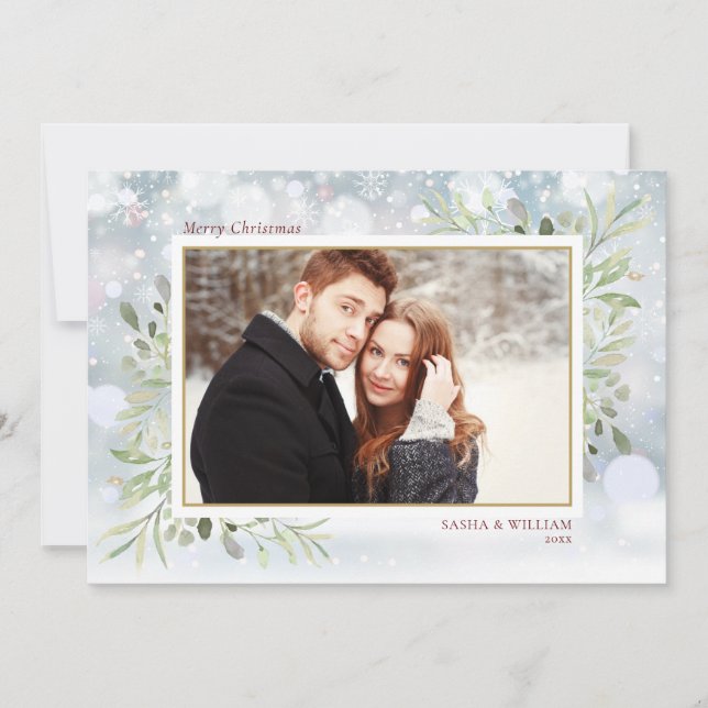 Cartão De Festividades Fotos de Natal com Verde e Flocos de Neve (Frente)