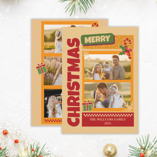 Cartão De Festividades Fotos de Natal da Família Moderno Retro Ousado