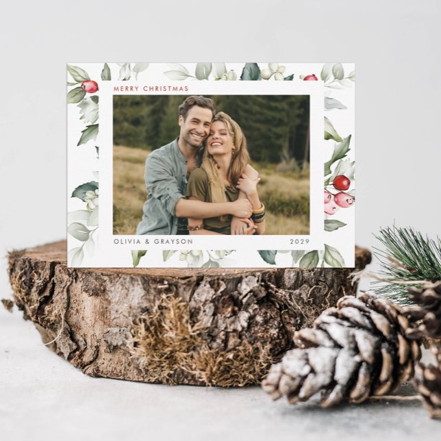 Cartão De Festividades Fotos de Natal de Azevinho com Aquarela Moderna Mi (Criador carregado)