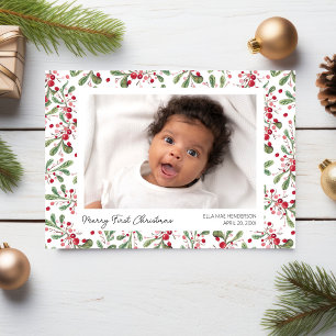 Cartão De Festividades Fotos do Primeiro Natal Alegre, Frutas e Folhagens