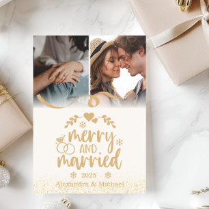 Cartão De Festividades Fotos Douradas com Brilho Merry e Casados 2