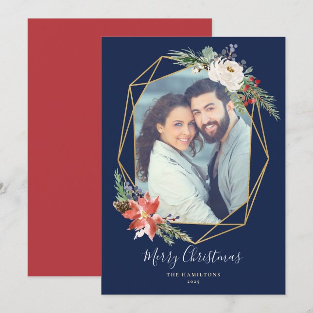 Cartão De Festividades Fotos Geométricas de Botânica de Natal Azul (Frente/Verso)