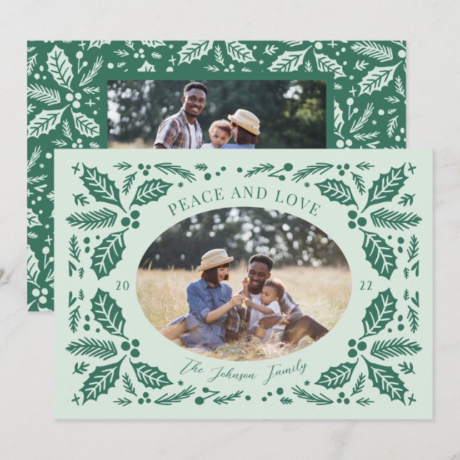 Cartão De Festividades Fotos Ovals de Azevinho Antigo | Verde Menta (Frente/Verso)