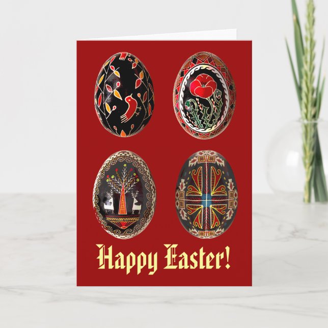 Cartão De Festividades Four Pysanka Eggs on an Easter Card (Frente)