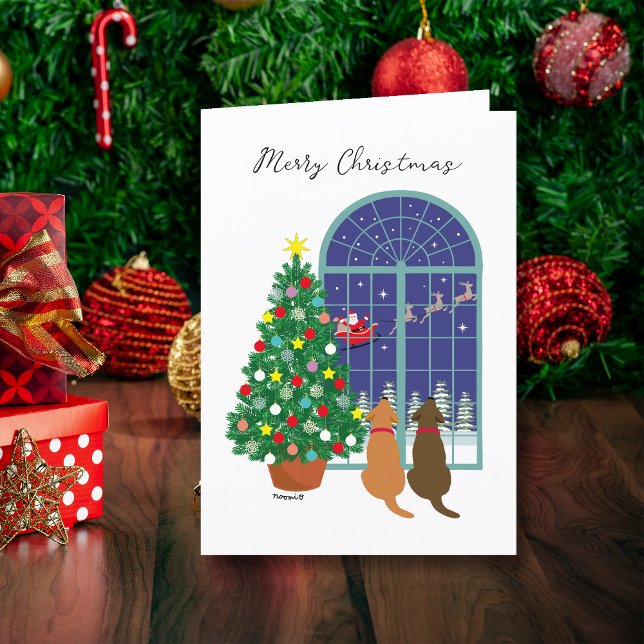 Cartão De Festividades Fox Red Lab, Chocolate Lab Natal Mágico (Fox Red Lab, Chocolate Lab Magical Night Christmas Cards.  Santa Claus in the sky. Labrador design.)