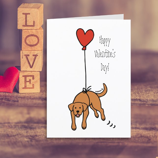 Cartão De Festividades Fox Red Labrador Heart Balloon Namorados (Fox Red Labrador Heart Balloon Valentine's Day Cards for Labrador Owners.  Cartoon Art Design.)