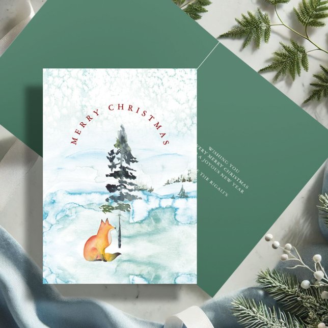 Cartão De Festividades Fox Vermelha e Verde Cachorro Molhado Natal (Cute Christmas cards watercolor fox and pine tree art by Victoria Grigaliunas Do Tell A Belle)
