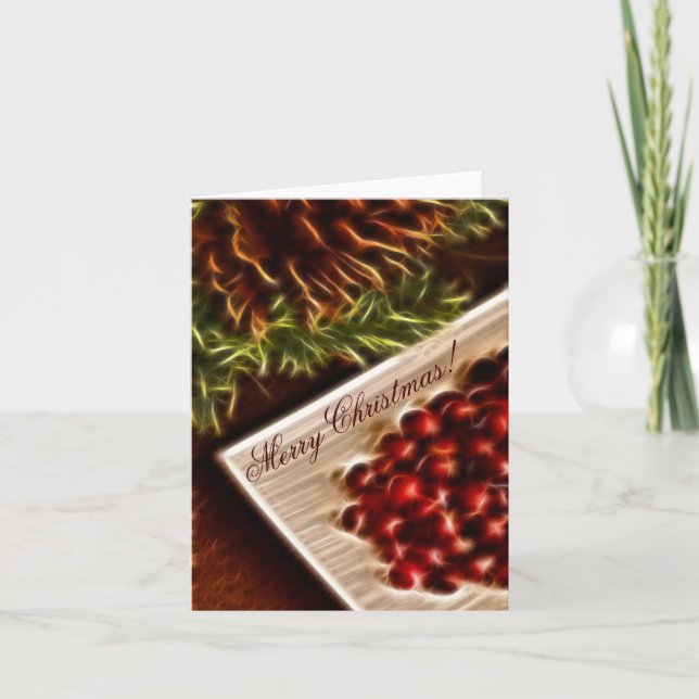 Cartão De Festividades Fractal Cranberry Christmas with Customizable Text (Frente)
