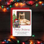 Cartão De Festividades Francês Buldogue Árvore de Natal Cão Um Foto<br><div class="desc">Este bonito cartão de Natal do Bulldog Francês mostra um Francês vestindo um chapéu de Papai Noel sentado em frente a uma árvore de Natal iluminada. A saudação no cartão diz "Feliz Natal", a mensagem diz "Esperamos que a sua época de férias seja surpreendente!" e finalmente há uma saudação. Todas...</div>