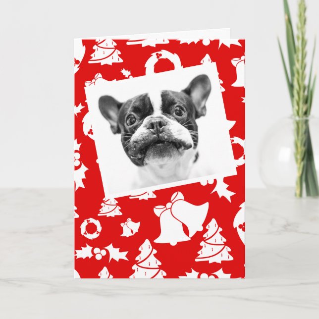 Cartão De Festividades Francês Buldogue Puppy Vermelho Feliz Árvore de Na (Frente)