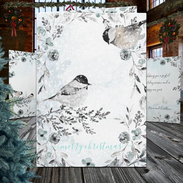 Cartão De Festividades Frango de inverno Dusty Blue Wreath Natal (Winter Chickadees Dusty Blue Wreath Christmas Holiday Card)