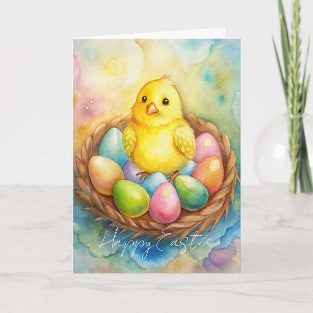 Cartão De Festividades Frango de Páscoa em um ninho com ovos Ilustração (Frente)