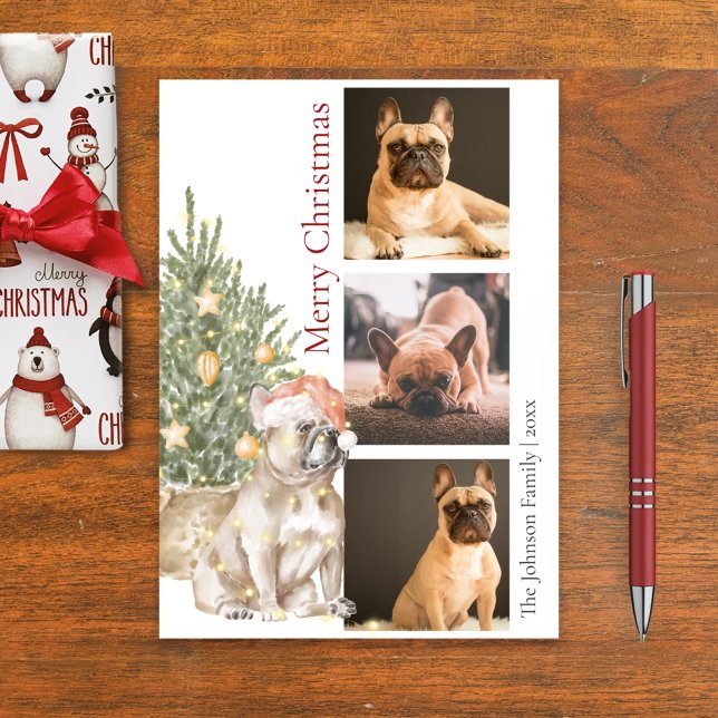 Cartão De Festividades French Bulldog and Christmas Tree Pet Dog Photo (Criador carregado)