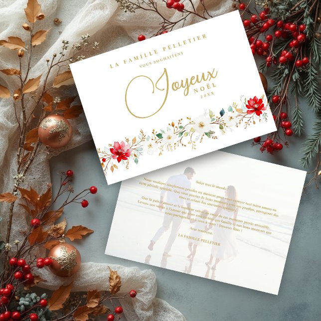 Cartão De Festividades French Chic Xmas Floral Border Joyeux Nöel Photo (French Exquisite Christmas Floral Border Joyeux Noël Holiday Cards with Soft Overlay Photo.)