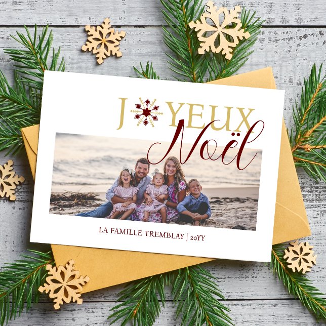 Cartão De Festividades French Exquisite Snowflake Joyeux Noël Quote Photo (French Exquisite Snowflake Joyeux Noël Quote Photo Holiday Card with Envelope. )