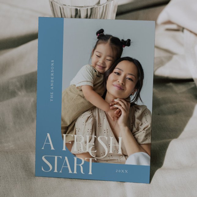 Cartão De Festividades Fresh Start New Year Denim Blue Curved Frame Photo (Criador carregado)