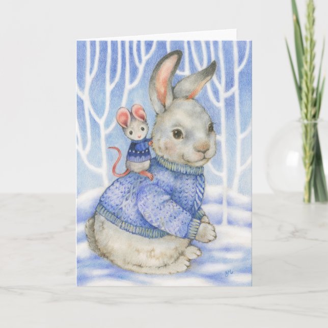 Cartão De Festividades Friendship Rabbit and Mouse Cute Christmas Card (Frente)