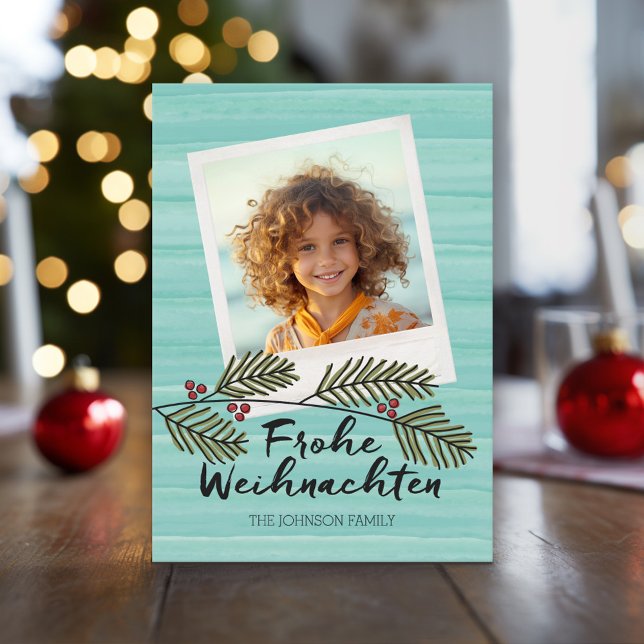 Cartão De Festividades Frohe Weihnachten Mod Watercolor 1 Foto (Holiday Photo Card with large script greeting)