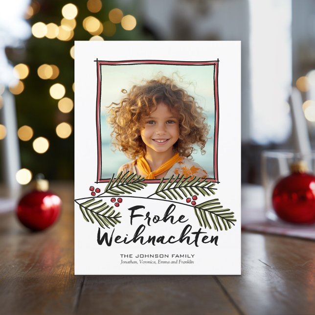 Cartão De Festividades Frohe Weihnachten Photo Pine Tree Branch (Holiday Photo Card with large script greeting)