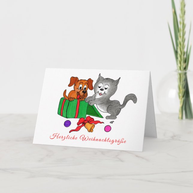 Cartão De Festividades Fröhliche Weihnachten, Hund Katze auf Deutsch (Frente)